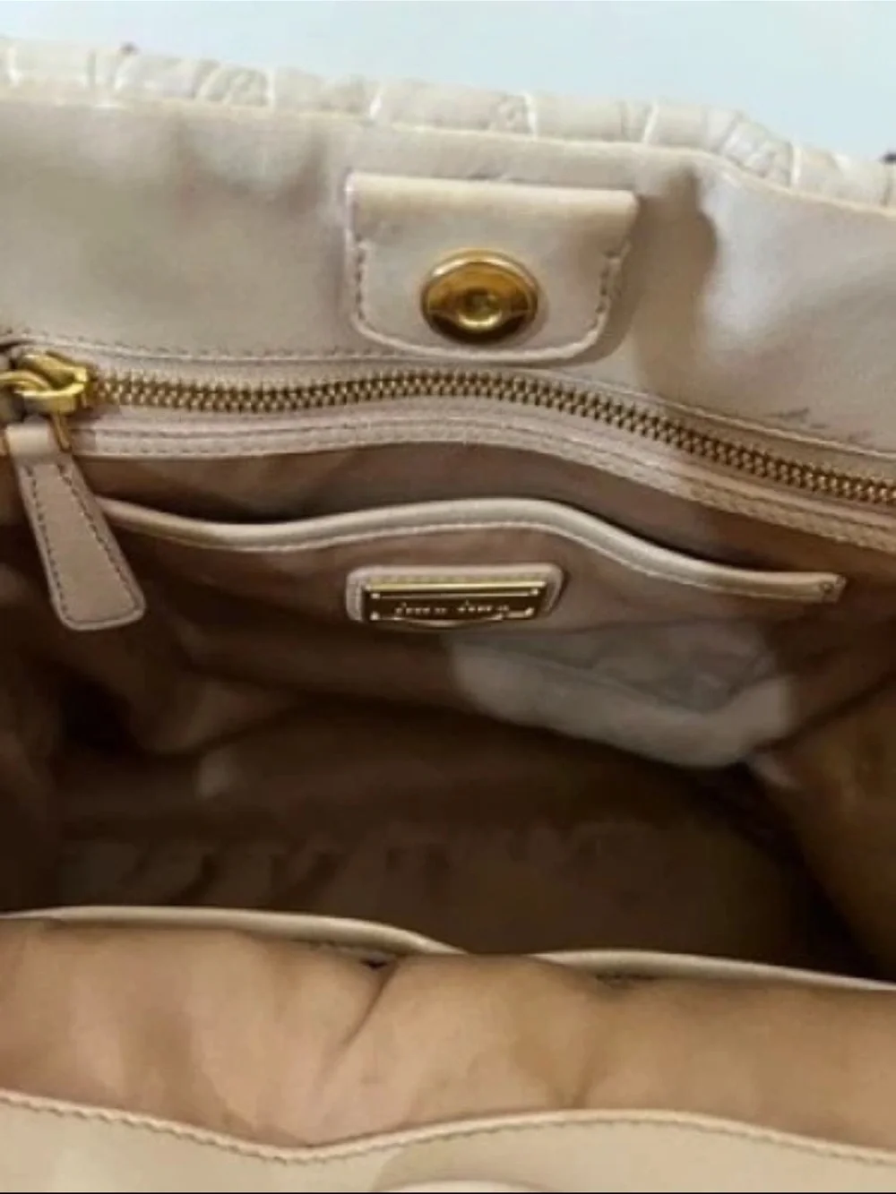 Miu Miu Cream Quilted Ruched Leather Tote with Gold Hardware